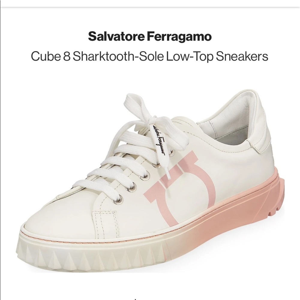 Salvatore Ferragamo "Cube 8" leather sneaker with Gancio print at side. Size 5.5
